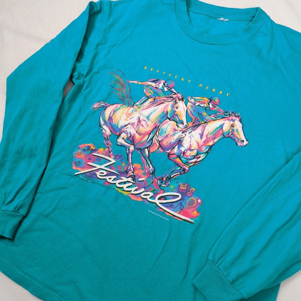 Vintage 90s Kentucky Derby Festival Horse Racing Teal Long Sleeve Shirt Large